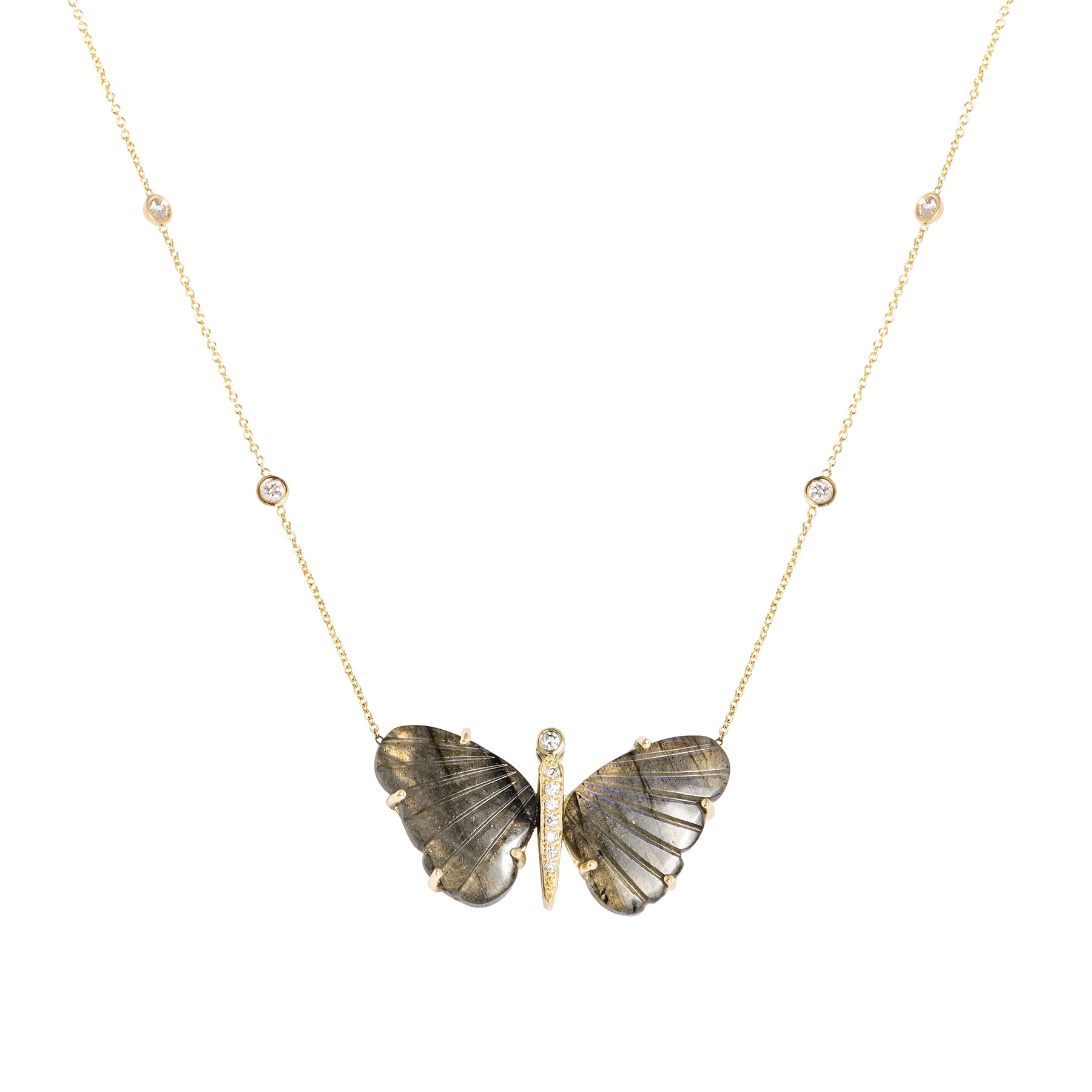 Large Labradorite Butterfly 4 Diamond Bezel Necklace - Nina Segal Jewelry