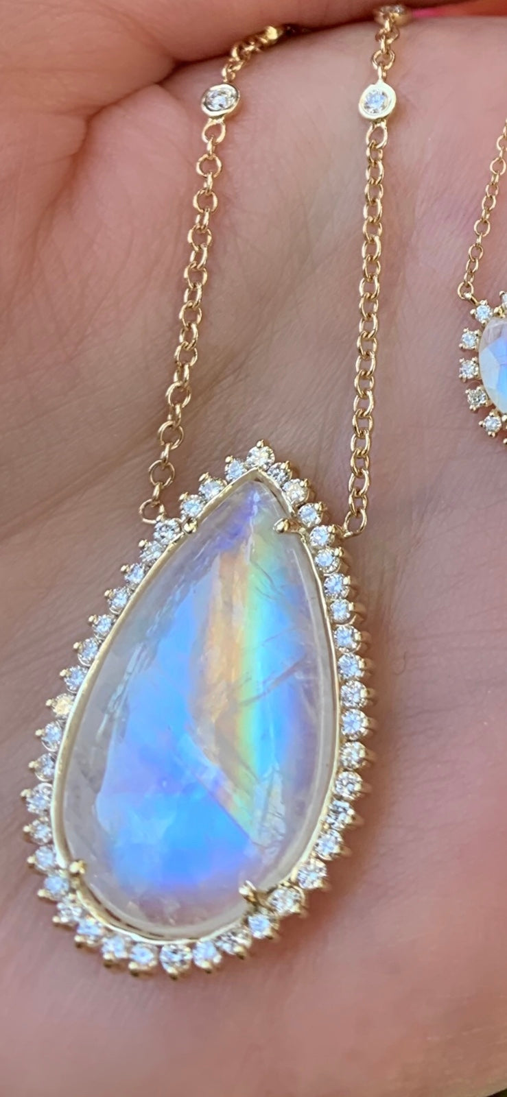 Moonstone Tear Drop Bezel Chain Diamond Necklace - Nina Segal Jewelry