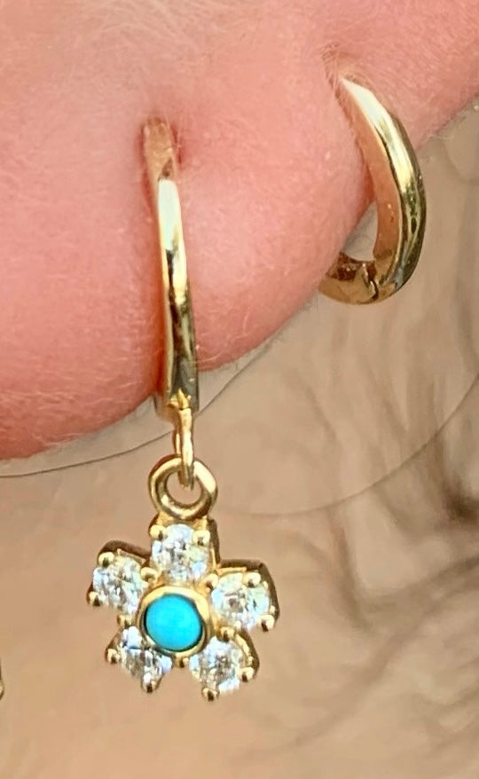 Plain Huggies Diamond Flower Turquoise Center - Nina Segal Jewelry