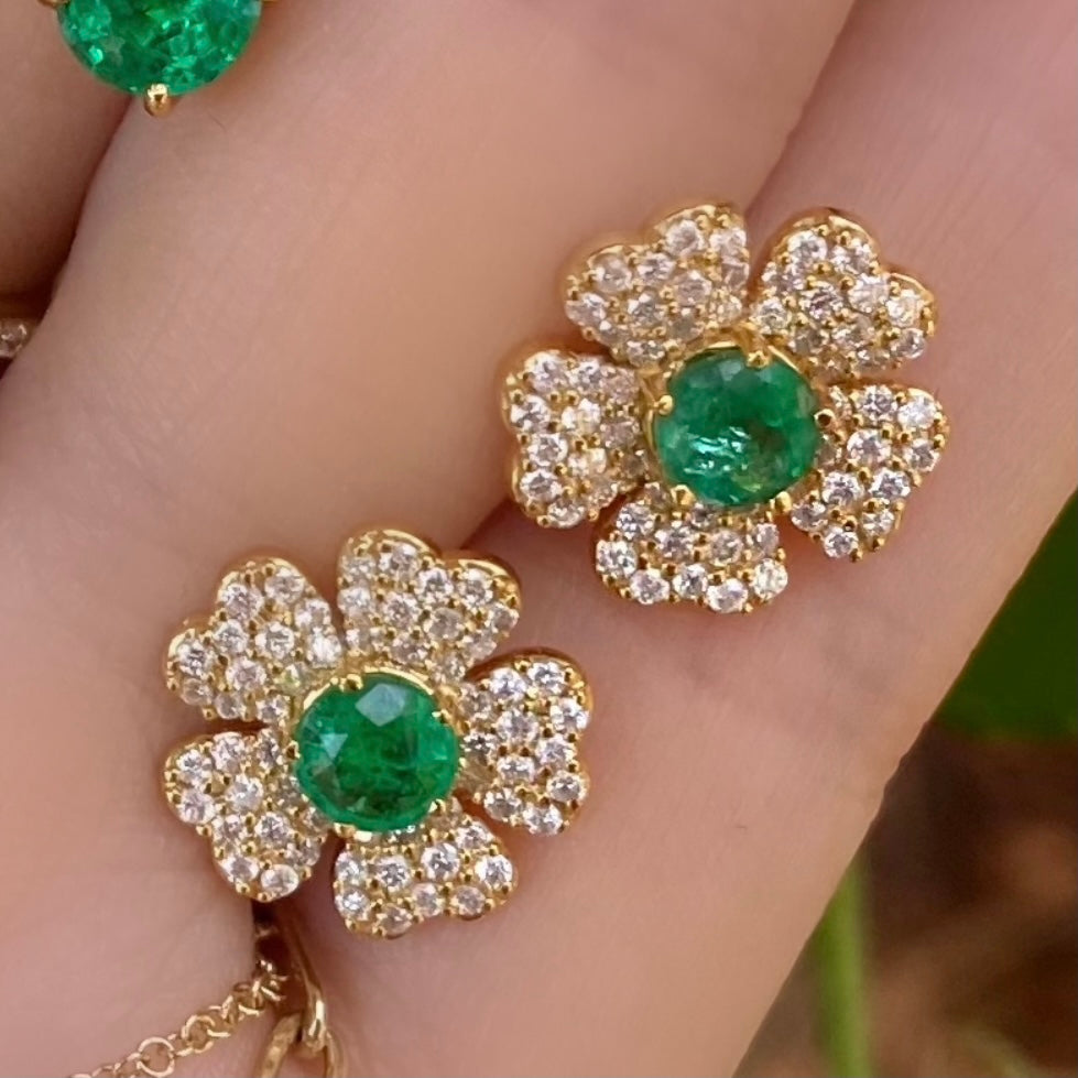 Emerald Pave Diamond Flower Studs