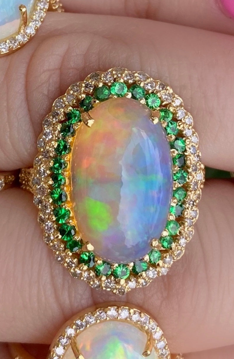 Large Oval Opal Diamond Emerald Ring