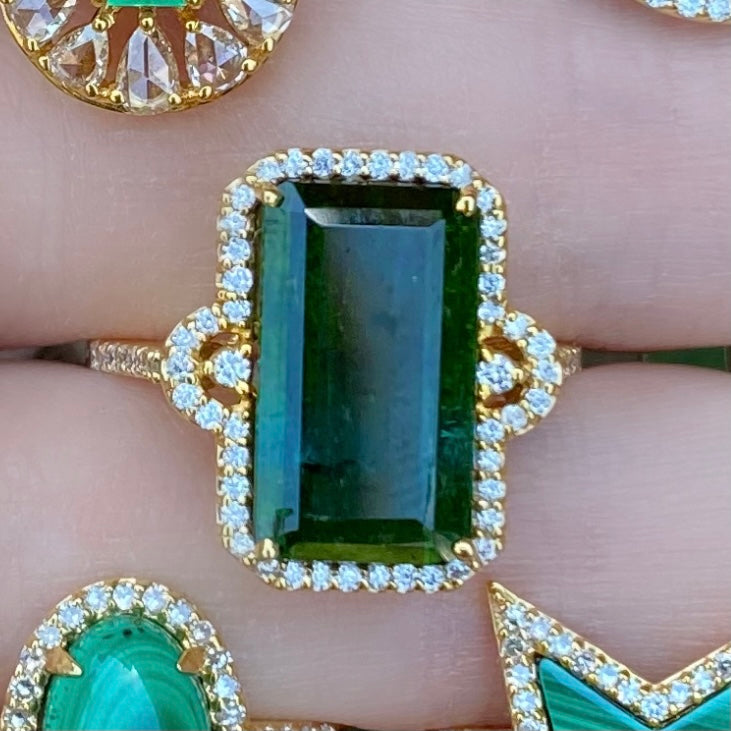 Green Blue Tourmaline Rectangle Diamond Halo Ring - Nina Segal Jewelry
