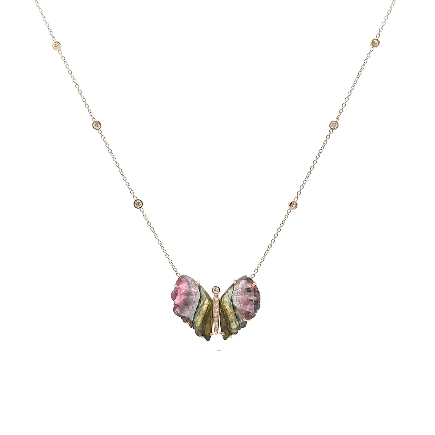 Carved Tourmaline 6 Diamond Bezels