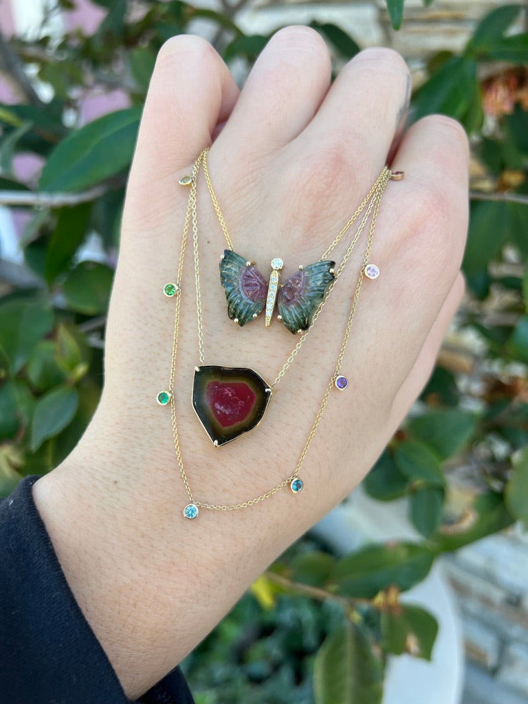 Carved Watermelon Tourmaline Butterfly Necklace