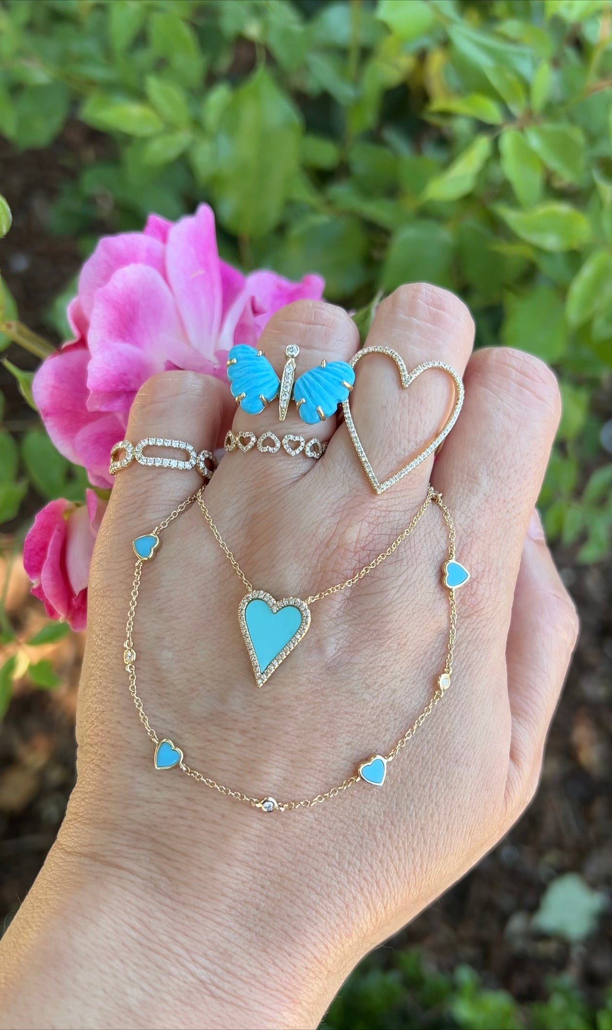 5 Turquoise Heart Diamond Dots Necklace