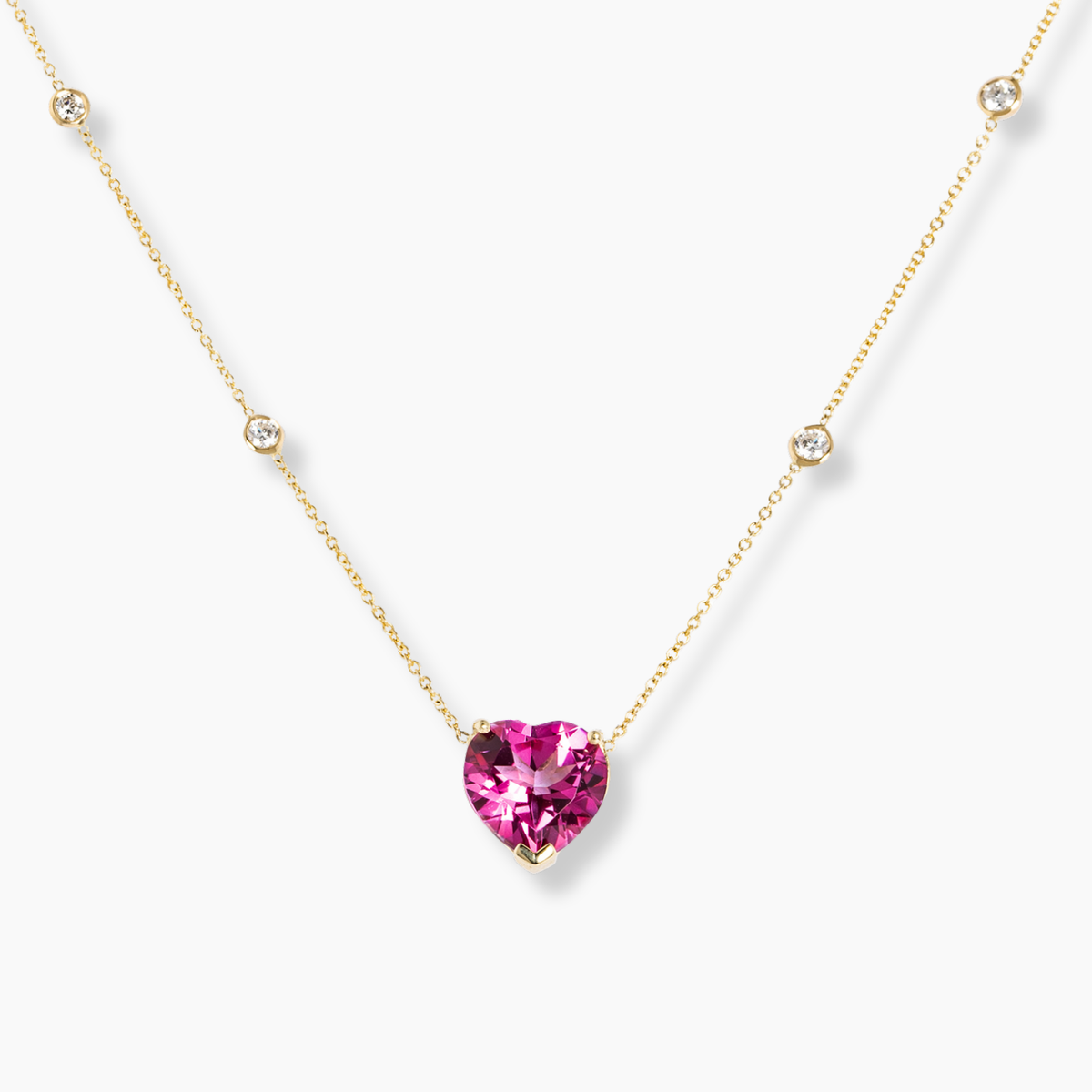 Pink Topaz Heart Necklace 4 Diamond Bezel Chain