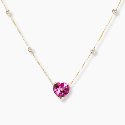 Pink Topaz Heart Necklace 4 Diamond Bezel Chain