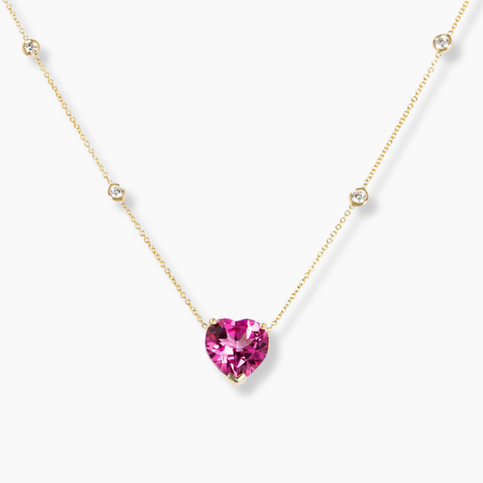 Pink Topaz Heart Necklace 4 Diamond Bezel Chain