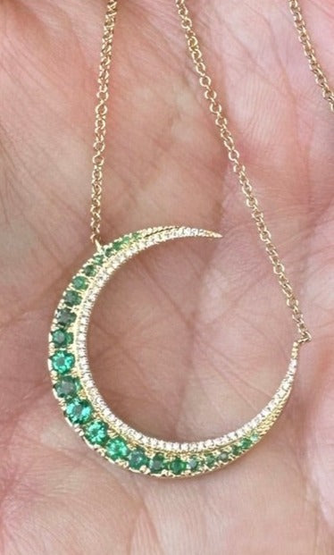 Emerald Diamond Crescent Moon Necklace