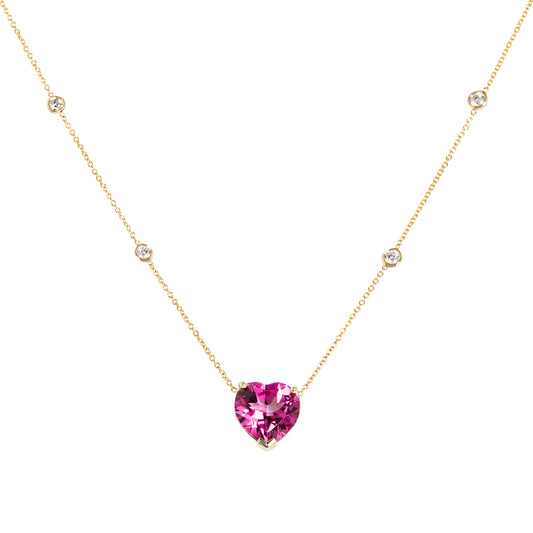 Pink Topaz Heart Necklace 4 Diamond Bezel Chain - Nina Segal Jewelry