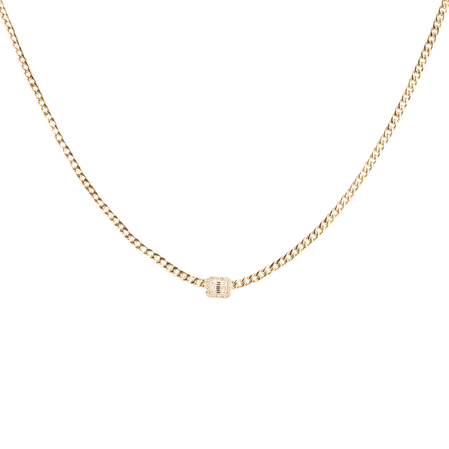 Baguette Diamond Halo Curb Chain Necklace - Nina Segal Jewelry
