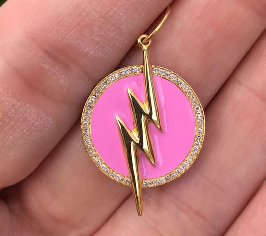 Pink Enamel Coin Diamond lightning Pendent - Nina Segal Jewelry