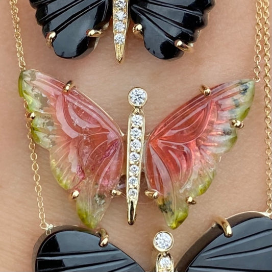 Large Watermelon Tourmaline Carved Butterfly Diamond Necklace - Nina Segal Jewelry