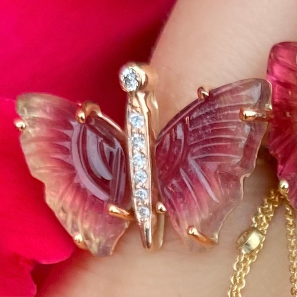 Pink Carved Tourmaline Butterfly Diamond Ring - Nina Segal Jewelry
