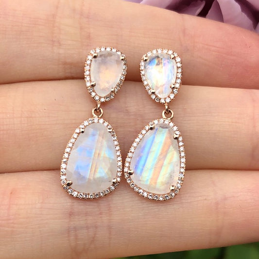 Moonstone Double Drop Diamond Stud Earrings - Nina Segal Jewelry