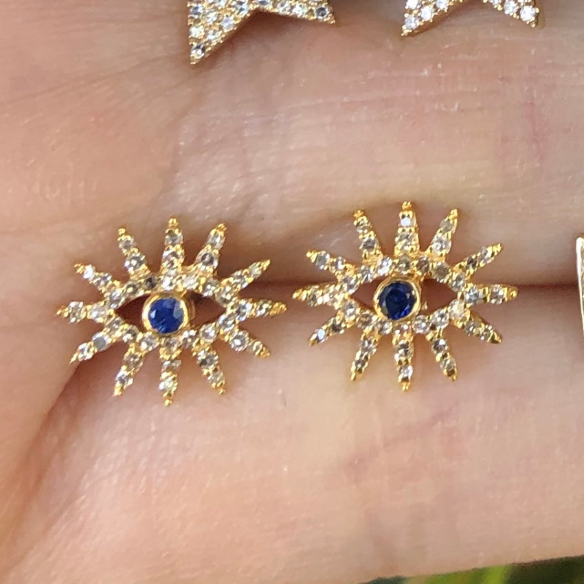 Evil Eye Tiny Spike Lash Diamond Sapphire Studs - Nina Segal Jewelry