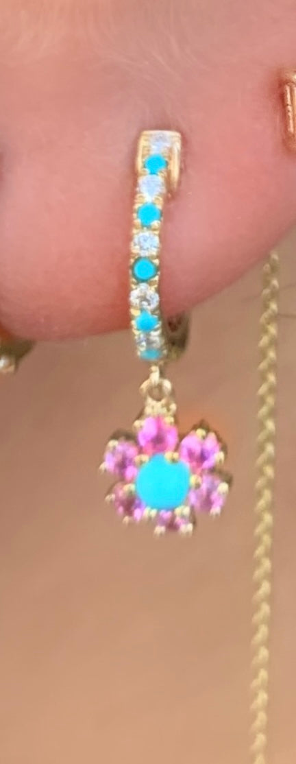 Turquoise Sapphire Diamond Flower Huggies - Nina Segal Jewelry