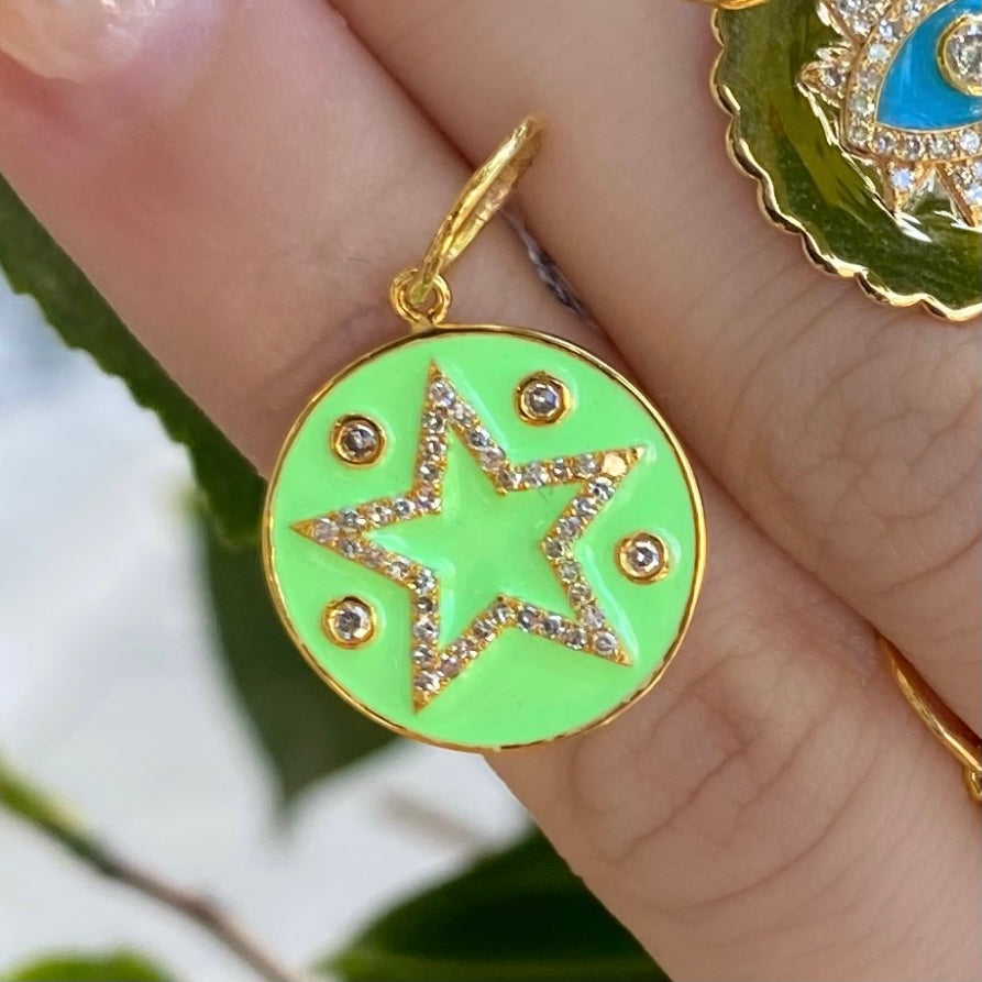 Green Enamel Diamond Coin With Star Pendant - Nina Segal Jewelry