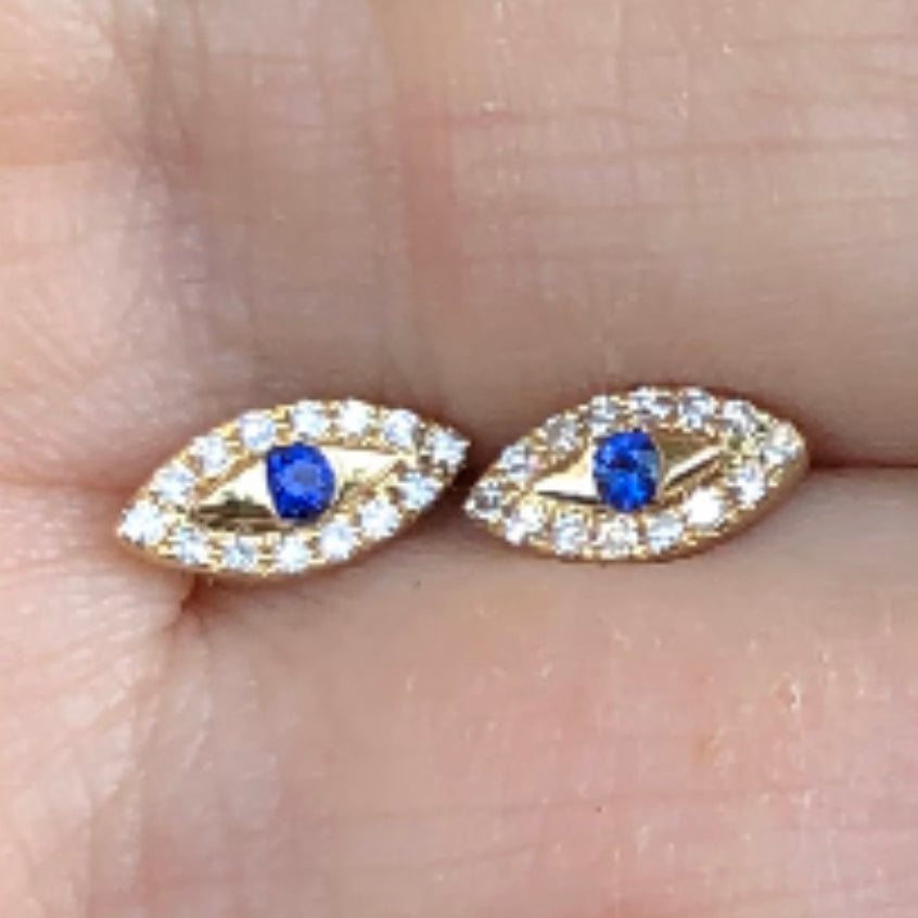 Tiny Diamond Sapphire Evil Eye Studs - Nina Segal Jewelry