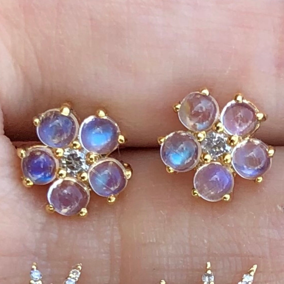 Tiny Moonstone Diamond Flower Studs - Nina Segal Jewelry