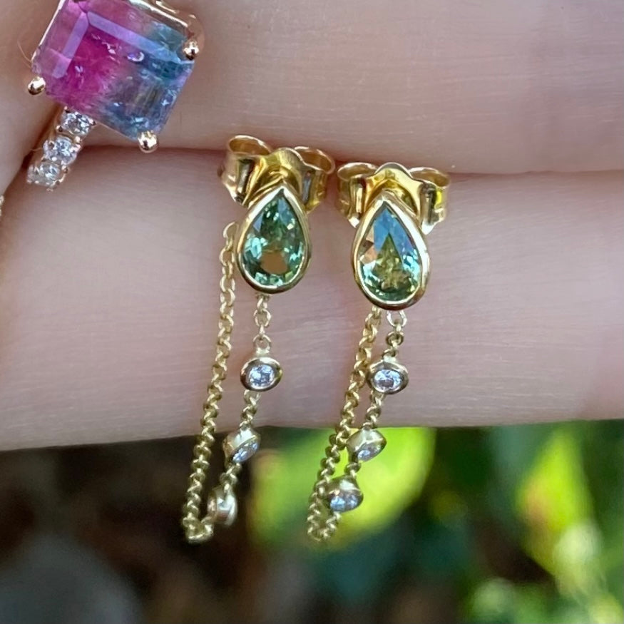 Green Sapphire Pear 3 Diamond Bezel Drop Earrings - Nina Segal Jewelry