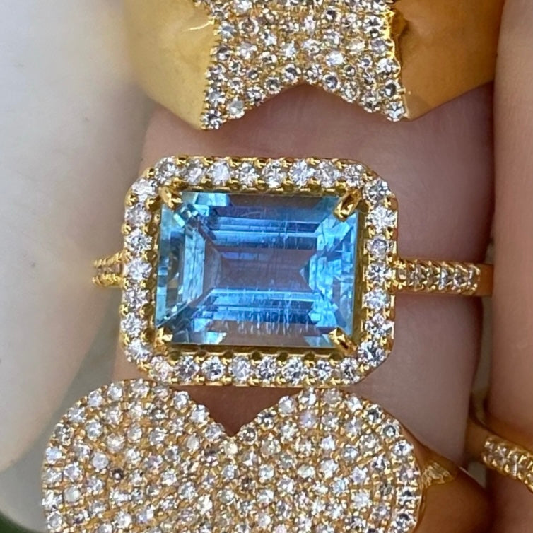 Side Rectangle Aquamarine Diamond Halo Ring - Nina Segal Jewelry
