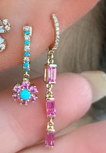 Turquoise Pink Sapphire Diamond Flower Huggies - Nina Segal Jewelry