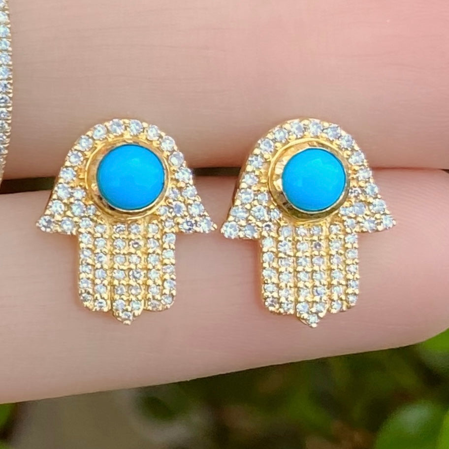 Hamsa Turquoise Pave Diamond Studs