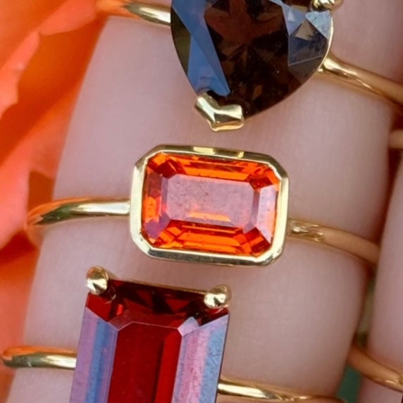 Orange Sapphire Emerald Cut Bezel Ring