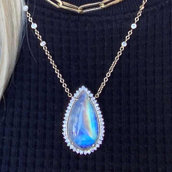 Moonstone Tear Drop Bezel Chain Diamond Necklace - Nina Segal Jewelry