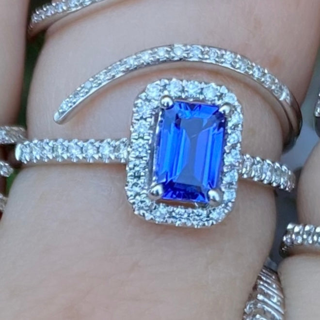 Blue Iolite Emerald Cut Diamond Halo Ring - Nina Segal Jewelry