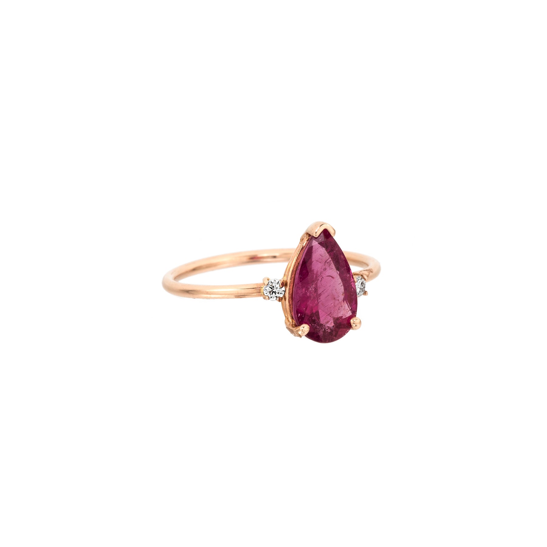 Pink Tourmaline Pear Shape Ring With Two Side Diamonds - Nina Segal Jewelry