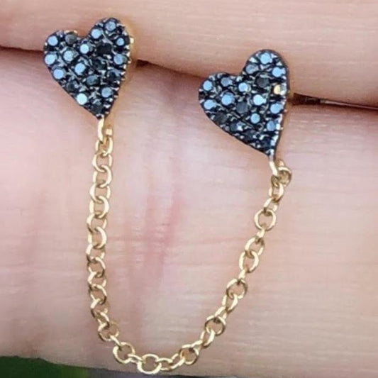 Double Black Diamond Heart Studs Connected With Chain - Nina Segal Jewelry