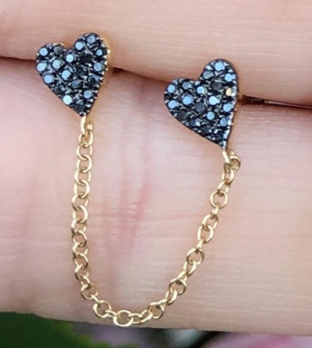 Double Black Diamond Heart Studs Connected With Chain - Nina Segal Jewelry