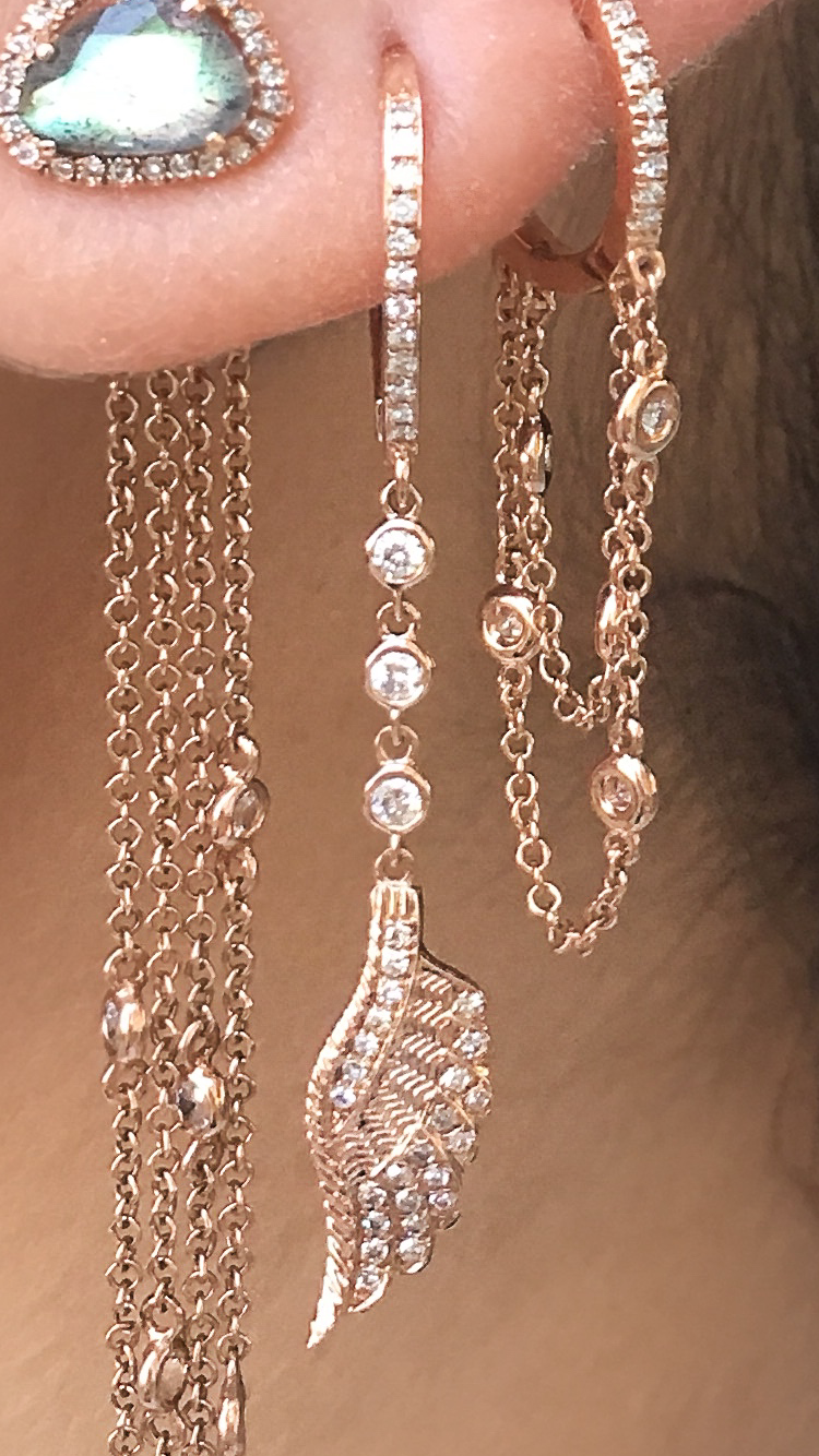 Angel Wing Three Diamond Drop Huggies - Nina Segal Jewelry