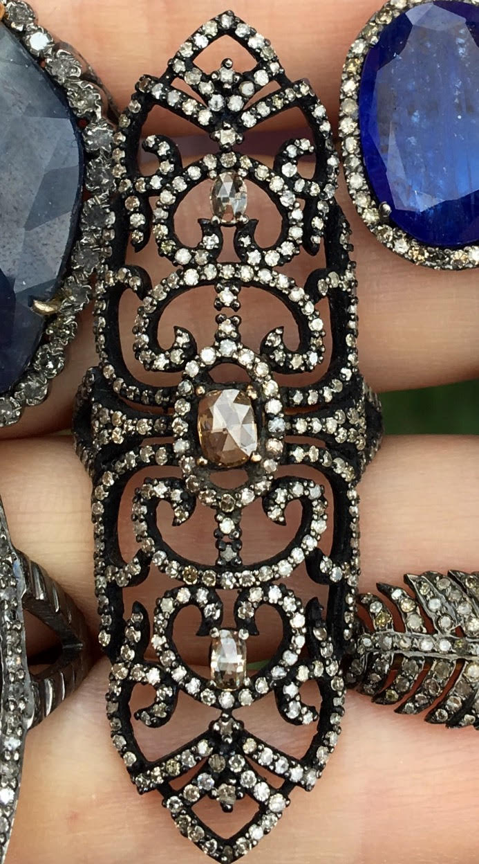 Rhodium Long Indian Diamond Filigree Ring - Nina Segal Jewelry