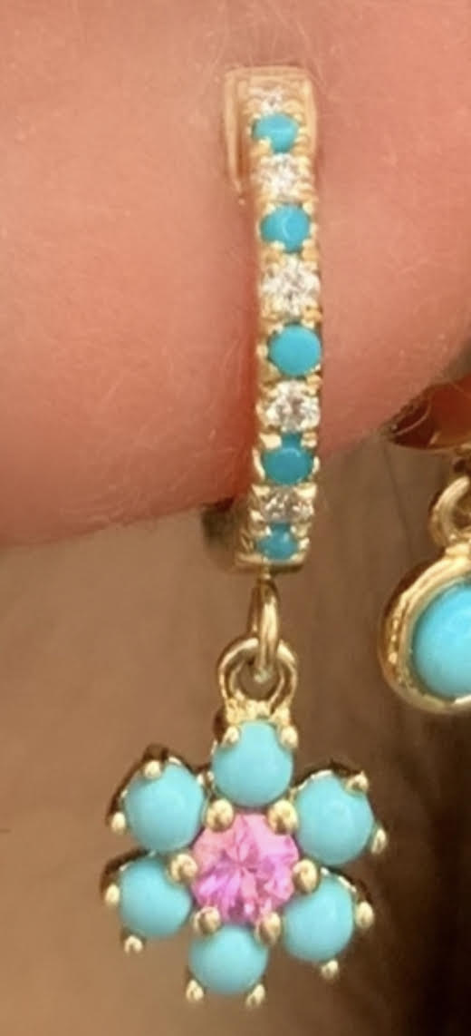 Turquoise Diamond Pink Sapphire Flower Drop Huggies - Nina Segal Jewelry