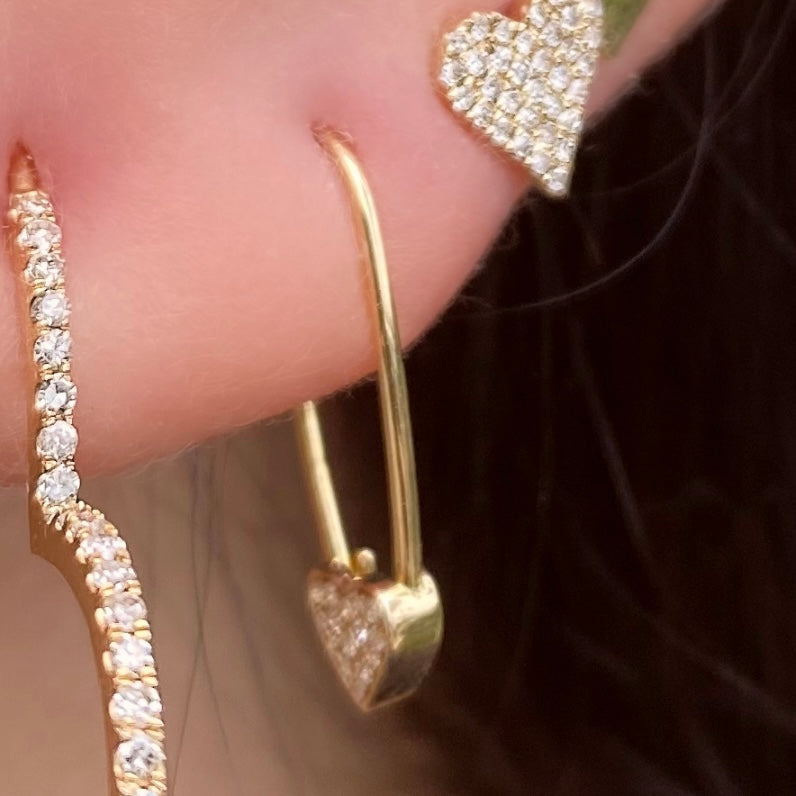 Safety Pin Pave Diamond Heart Earring