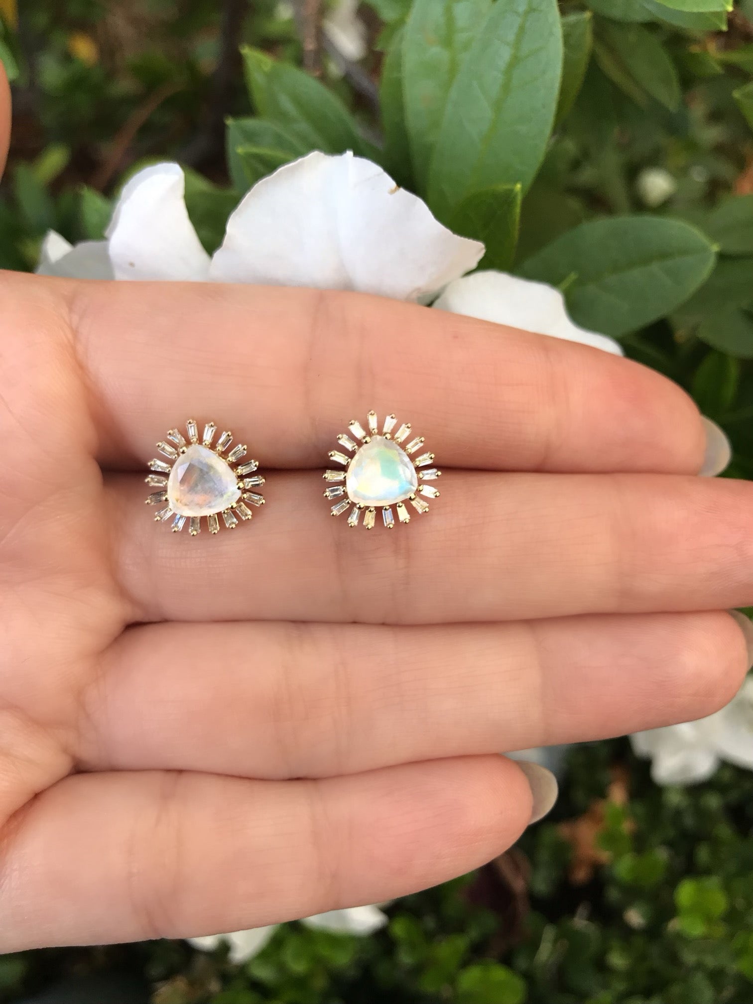Moonstone Trillion Baguette diamond Studs - Nina Segal Jewelry