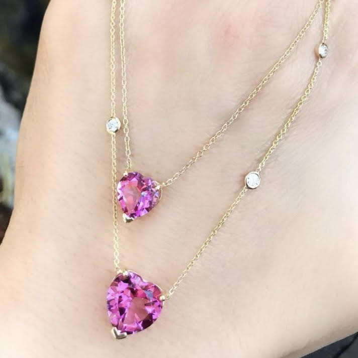 Pink Topaz Heart Necklace 4 Diamond Bezel Chain - Nina Segal Jewelry