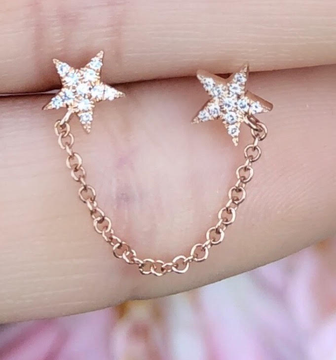 Double Diamond Star Studs With Chain Connecting - Nina Segal Jewelry